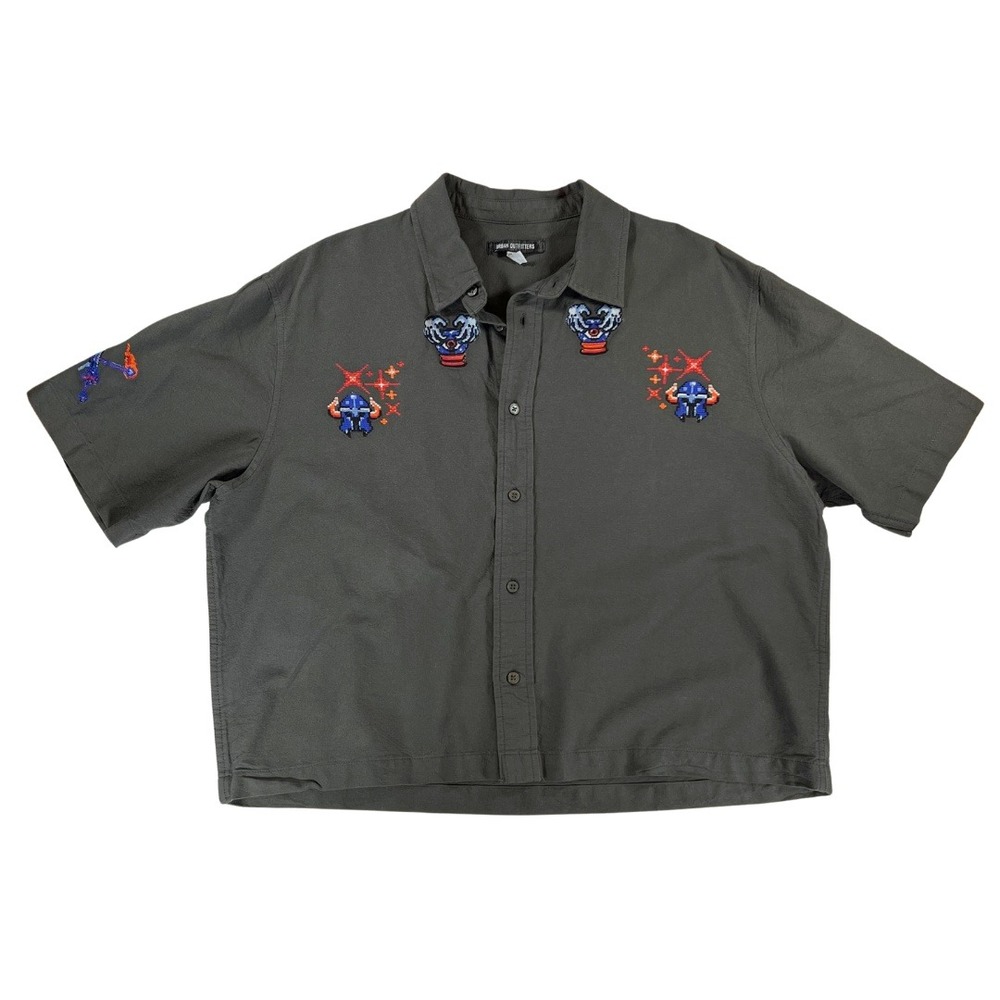 Urban Outfitters Crop Shirt Mens M Gray Embroidered Button Up Cotton